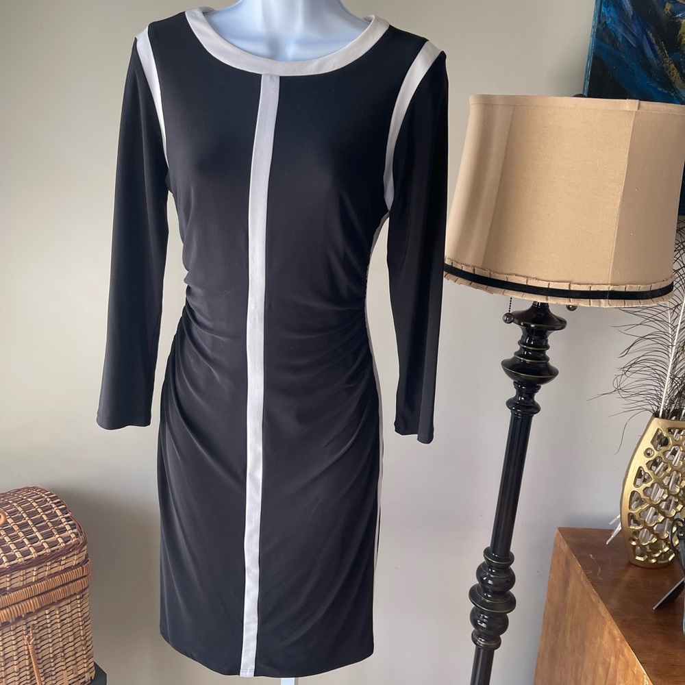 Lauren Ralph Lauren Black Sheath Midi Dress Long Sleeve Crew Neck Size 6